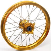 Picture 034 HAAN WHEELS Compleet Voorwiel Tubeless 21x2,15x36T Blauwe Velg/Gouden Naaf/Zilveren Spaken/Zilveren Spaaknippels